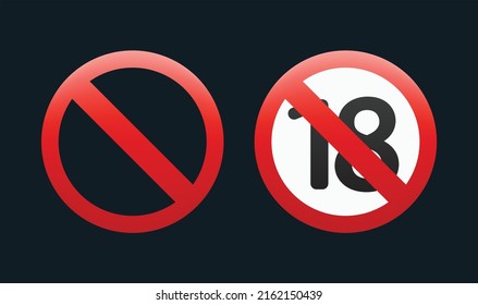 Set of Stop sign icon vector emoji illustration and Under eighteen prohibition sign in crossed out red circle. No sign, red warning isolated on dark background