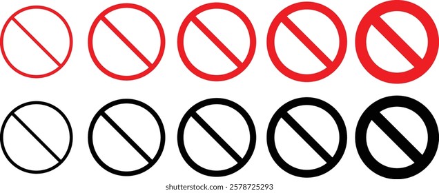 Set of stop sign icons. Stop sign vector icon set. Red and black circle sign stop entry ang slash line isolated