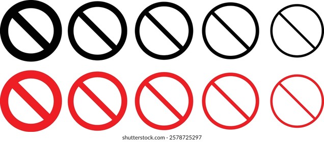 Set of stop sign icons. Stop sign vector icon set. Red and black circle sign stop entry ang slash line isolated