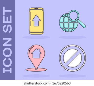 Set Stop sign, Infographic of city map navigation, Map pointer with house and Magnifying glass with globe icon. Vector
