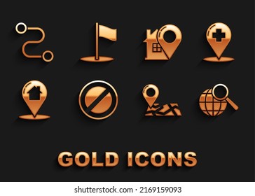 Set Stop sign, Medical map pointer with cross hospital, Magnifying glass globe, Folded location marker, Map house, Route and Flag icon. Vector