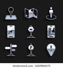 Set Stop sign, Parking, Location with exclamation mark, City map navigation, Road traffic, person and Push pin icon. Vector