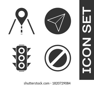 Set Stop sign, Road traffic sign, Traffic light and Paper airplane icon. Vector