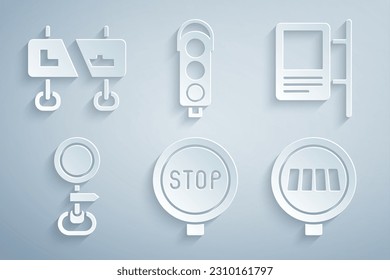 Set Stop sign, Road traffic, Pedestrian crosswalk, Traffic light and  icon. Vector