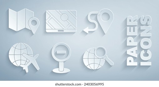 Set Stop sign, Route location, Globe with flying plane, Magnifying glass globe, City map navigation and Folded marker icon. Vector