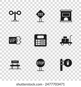 Set Stop sign, Trolley suitcase, Cafe and restaurant location, Train station board, Ticket office buy tickets, traffic light, Railroad crossing and  icon. Vector