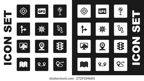 Señal de parada, rosa de viento, tráfico por carretera, deporte objetivo, ubicación de la ruta, dispositivo GPS con mapa, semáforo e ícono de Locación. Vector