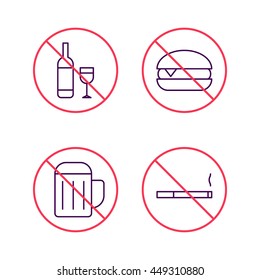 Set of stop signs, no burger, alcohol, cigarette, beer. Flat vector outline icon on white background.