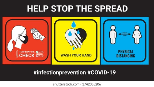 set of stop the spread covid-19 signs, include temperature check, wash hands sign, and physical distance sign