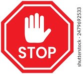 Set of Stop street icon collection. Stop hand sign with text. Red stop sign. Vector Illustration. 