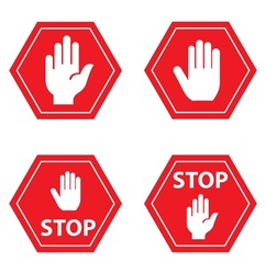 Set of Stop street icon collection. Stop hand sign with text. Red stop sign. Vector Illustration.
