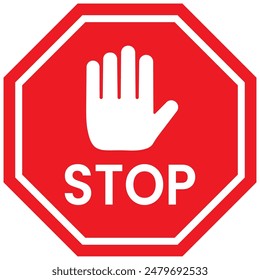 Set of Stop street icon collection. Stop hand sign with text. Red stop sign. Vector Illustration. 