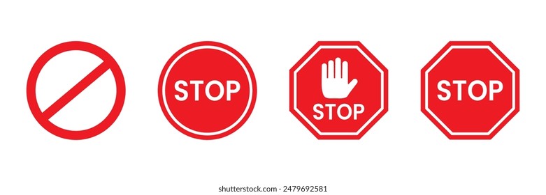 Set of Stop street icon collection. Stop hand sign with text. Red stop sign. Vector Illustration. 