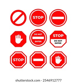 Set of Stop street icon collection. Stop hand sign with text. Red stop sign. Vector Illustration.