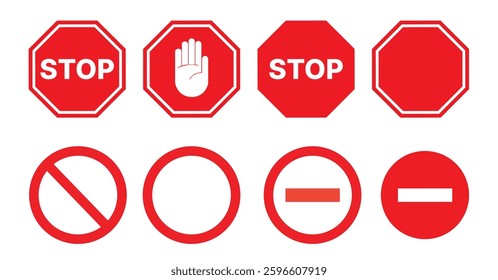 Set of Stop street icon collection. Stop hand sign with text. Red stop sign.