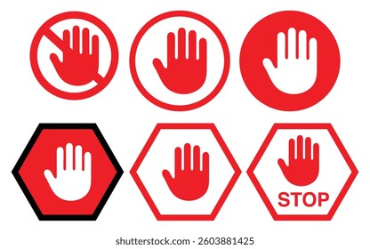 Set of Stop street icon collection. Stop hand sign with text. Red stop sign. Vector Illustration.