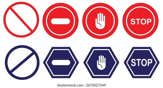 Set of Stop street icon collection. Stop hand sign with text. 