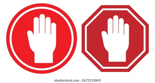 Conjunto de colección de icono de calle Stop. Icono de señal de stop con la mano, no ingrese. Detén la mano, gesto de mano. Ilustración vectorial de señal de parada de advertencia.
