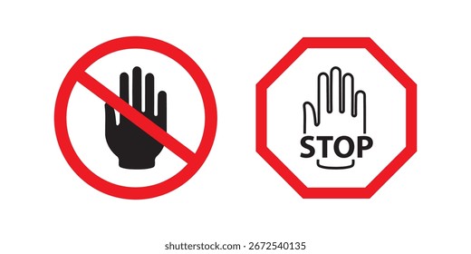 Conjunto da coleção de ícones da rua Stop. Sinal de pare com texto. Sinal de parada vermelho. Ícone de mão parada, símbolo de gesto de palma plana para aviso, cuidado, restrição, segurança, tráfego e alerta. EPS 10