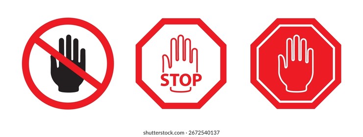 Conjunto de colección de icono de calle Stop. Señal de stop hand con texto. Señal de alto roja. Icono de la mano de la parada, símbolo plano del gesto de la palma para la advertencia, la precaución, la restricción, la seguridad, la seguridad, el tráfico y la alerta. EPS 10