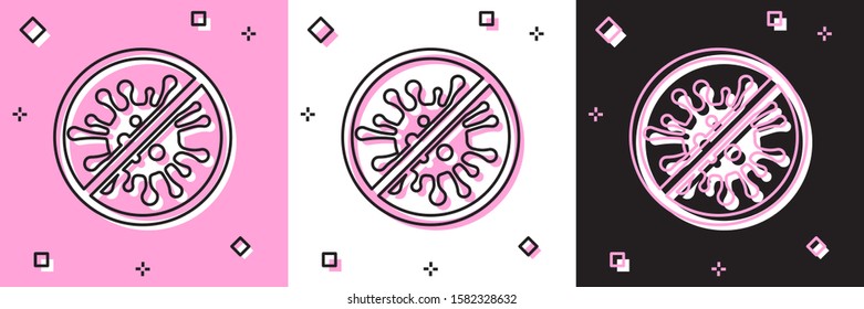 Set Stop virus, bacteria, germs and microbe icon isolated on pink and white, black background. Antibacterial and antiviral defence, protection infection.  Vector Illustration