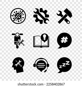 Set Stop virus, bacteria, Wrench and gear, Crossed hammer wrench, Human head service, Headphones with speech bubble chat, Speech snoring, Scooter and Interesting facts icon. Vector