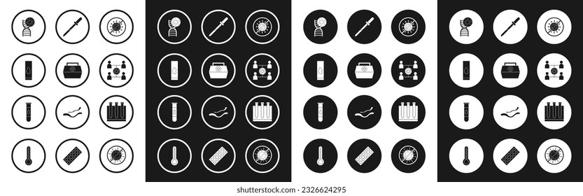 Set Stop virus, First aid kit, Blood test and, DNA symbol, Virus spread, Pipette,  and  icon. Vector