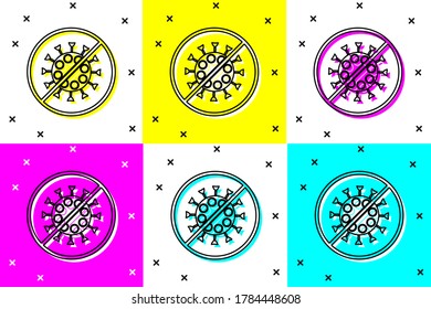 Set Stop virus icon isolated on color background. Corona virus 2019-nCoV. Bacteria and germs, cell cancer, microbe, fungi.  Vector Illustration