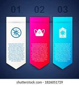 Set Stop virus, Medical protective mask and Clipboard with blood test results. Business infographic template. Vector.