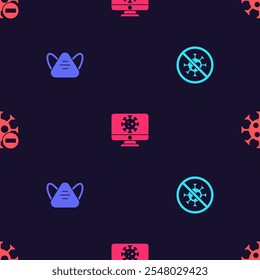 Set Stop virus, Medical protective mask, Virus statistics on monitor and Negative on seamless pattern. Vector