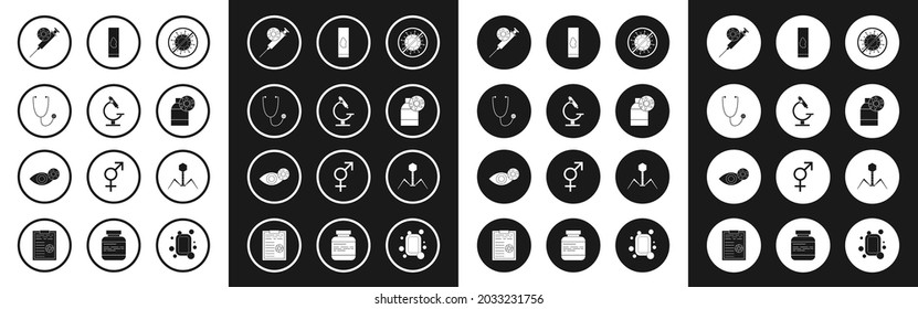 Set Stop virus, Microscope, Stethoscope, Syringe and, Bottle with, Blood test, Bacteria bacteriophage and Reddish eye due icon. Vector