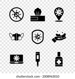 Set Stop virus, Wet wipe pack, Corona 2019-nCoV on location, Virus statistics laptop, Medical thermometer, Liquid antibacterial soap, protective mask and Shield protecting from icon. Vector