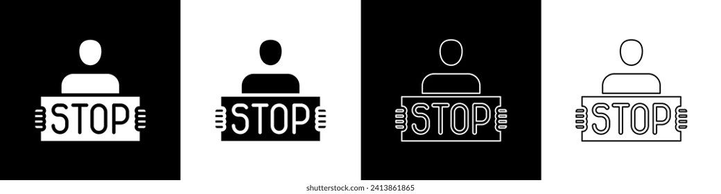 Set Stop war icon isolated on black and white background. Antiwar protest. World peace concept.  Vector