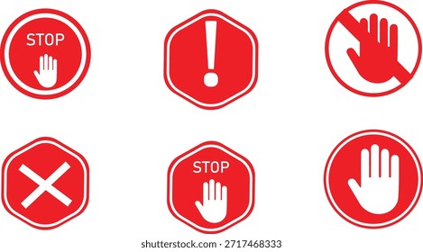 Set von Stopp- und Warn-Handzeichen mit rotem Kreisstrich auf weißem Hintergrund - Stopp-Aktion, Warn-Warnung, kein Eintritt und Halt-Bewegung Verbotsymbole, Sicherheits- und Verkehrskontrolle Beschilderung für öffentliche Räume, Arbeitsplätze und Gefahrenbereiche.