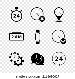 Set Stopwatch 24 hours, Clock delete, Location with clock, Time Management, speech bubble, Digital alarm and Smartwatch icon. Vector