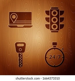 Set Stopwatch 24 hours, Laptop with location marker, Car key and Traffic light on wooden background. Vector