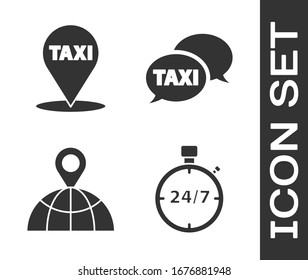 Set Stopwatch 24 hours, Map pointer with taxi, Location on the globe and Taxi call telephone service icon. Vector