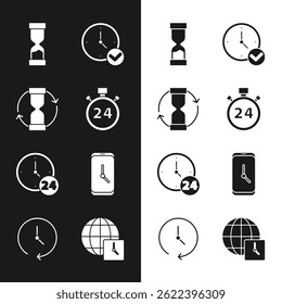 Set Stopwatch 24 hours, Old hourglass, Clock, Alarm clock app mobile, World time and  icon. Vector