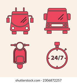 Set Stopwatch 24 hours, Trolleybus, Car and Scooter icon. Vector