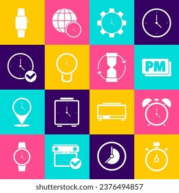 Setzen Sie Stoppuhr, Wecker, Uhr, Zeitmanagement, Smart Uhr und Old-Stundenglas-Symbol ein. Vektorgrafik