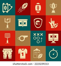 Set Stopwatch, American football on tv program, Number 1 one fan hand glove with finger raised and american, Football, goal post, ticket and helmet shield icon. Vector
