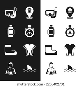 Set Stopwatch, Aqualung, Diving mask with snorkel, Scallop sea shell, Boots, Wetsuit for scuba diving, Shark and  icon. Vector
