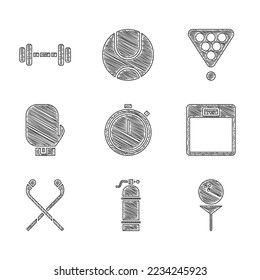 Set Stopwatch, Aqualung, Golf ball on tee, Bathroom scales, Ice hockey sticks, Boxing glove, Billiard balls rack triangle and Dumbbell icon. Vector