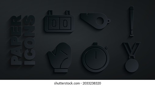 Set Stopwatch, Baseball bat, glove, Medal, Whistle and Sport mechanical scoreboard icon. Vector