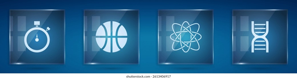 Set Stopwatch, Basketball ball, Atom and DNA symbol. Square glass panels. Vector