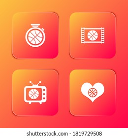 Set Stopwatch with basketball ball, Basketball game video, match on tv and Heart icon. Vector.