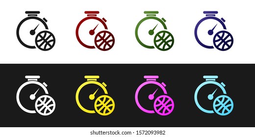 Set Stopwatch with basketball ball inside icon isolated on black and white background. Basketball time. Sport and training.  Vector Illustration