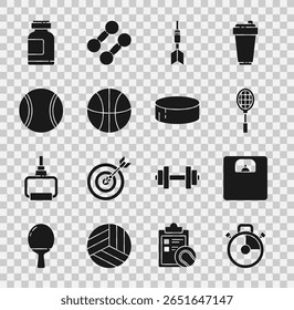 Set Stopwatch, Bathroom scales, Tennis racket, Dart arrow, Basketball ball, Sports nutrition and Hockey puck icon. Vector