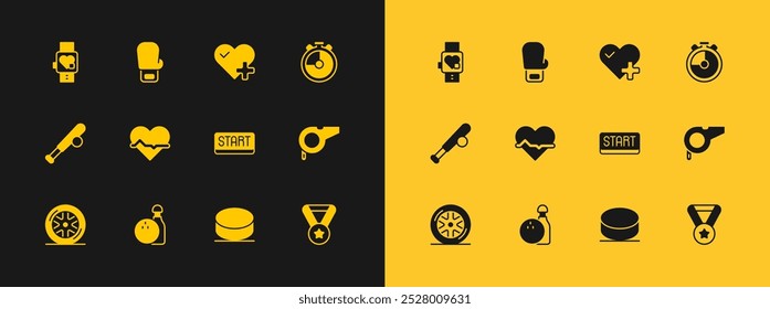 Set Stopwatch, Bowling pin and ball, Ribbon finishing line, Hockey puck, Heart rate, Smart with heart and Boxing glove icon. Vector