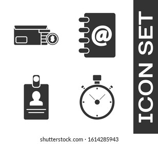 Set Stopwatch, Bright stadium lights, American Football ball and stopwatch and Address book icon. Vector